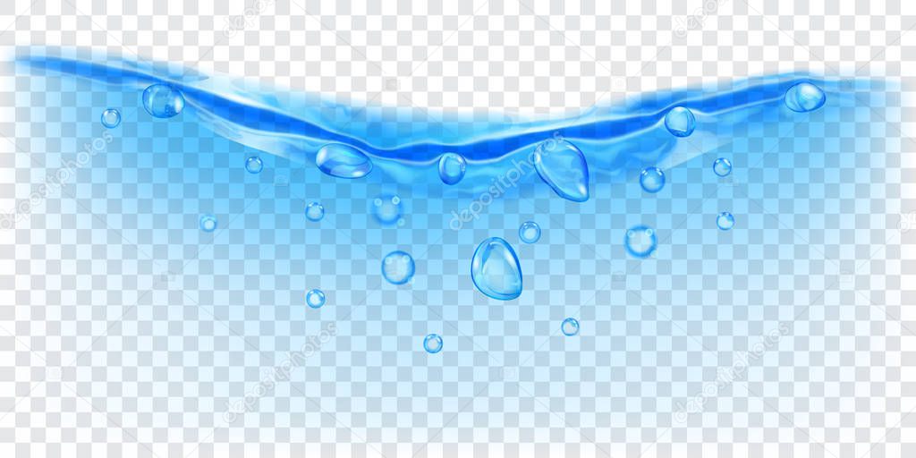 Translucent water wave in light blue colors with air bubbles and drops, isolated on transparent background. Transparency only in vector file