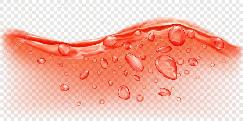 Translucent water wave in red colors with air bubbles and drops, isolated on transparent background. Transparency only in vector file