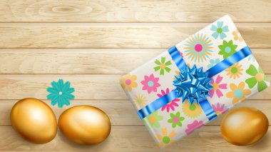 Realistic golden Easter eggs and beautiful gift box with bow on wooden planks clipart