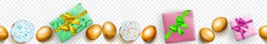 Yatay olarak yinelenen gerçekçi altın Paskalya yumurtaları, kek ve hediye kutuları saydam arka plan üzerinde yumuşak gölgeler ile yatay sorunsuz afiş
