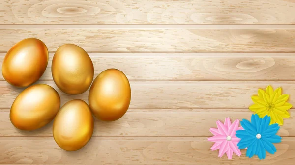 Uova Pasqua Dorate Realistiche Con Ombre Diversi Fiori Tavole Legno — Vettoriale Stock