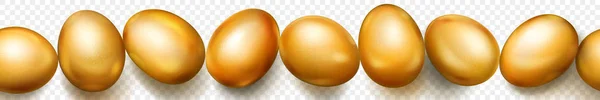 透明な背景に影を水平方向に繰り返しの現実的なゴールデン イースターの卵と水平のシームレスなバナー — ストックベクタ