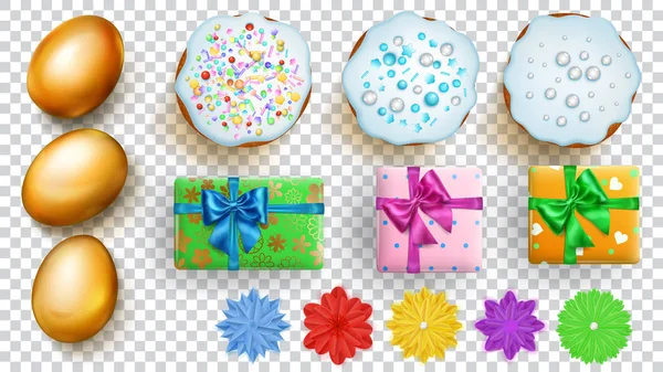 Set Realistiche Uova Pasqua Dorate Torte Fiori Scatole Regalo Con — Vettoriale Stock