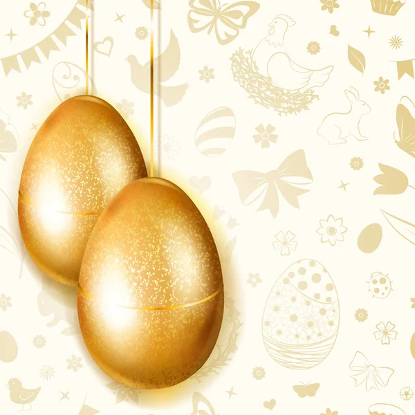 Two hanging golden Easter eggs — Stock Vector