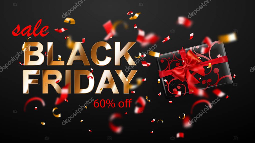 Black Friday sale banner. Gift box with bow and ribbons. Flying shiny blurry red and yellow confetti and pieces of serpentine on dark background. Vector illustration for posters, flyers or cards.