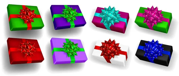 Zestaw wielokolorowych pudełek prezentowych z kokardkami — Wektor stockowy