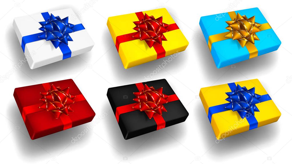 Set of multicolored gift boxes with bows