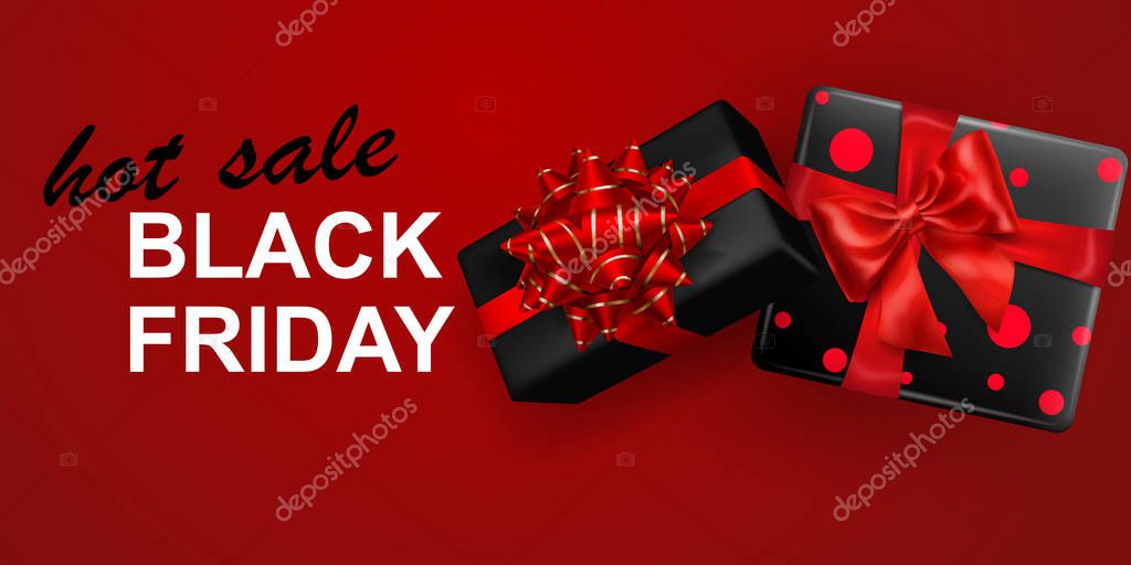 Black Friday sale banner. Gift box with bow and ribbons on red background. Vector illustration for posters, flyers or cards.