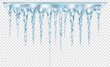Üstte birbirine bağlı olan saydam açık mavi gerçekçi buz saçakları grubu. Işık arka planında kullanmak için. Sadece vektör biçiminde şeffaflık