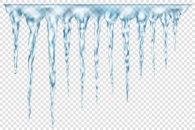 Üstte birbirine bağlı olan saydam açık mavi gerçekçi buz saçakları grubu. Işık arka planında kullanmak için. Sadece vektör biçiminde şeffaflık