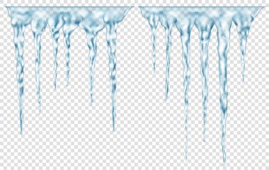 Üstte birbirine bağlı olan saydam açık mavi gerçekçi buz saçakları grubu. Işık arka planında kullanmak için. Sadece vektör biçiminde şeffaflık