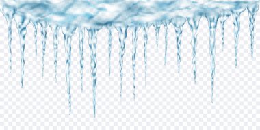 Üstte birbirine bağlı olan saydam açık mavi gerçekçi buz saçakları grubu. Işık arka planında kullanmak için. Sadece vektör biçiminde şeffaflık