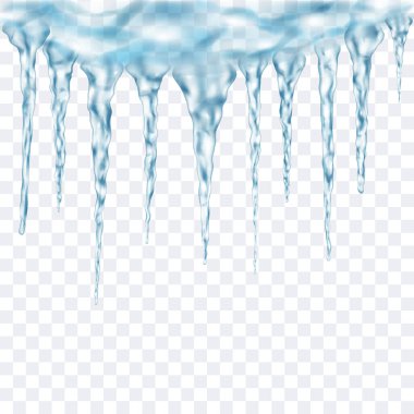 Üstte birbirine bağlı olan saydam açık mavi gerçekçi buz saçakları grubu. Işık arka planında kullanmak için. Sadece vektör biçiminde şeffaflık