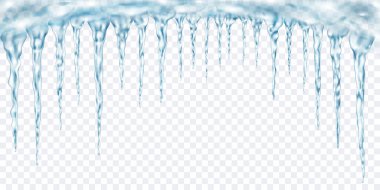 Üstte birbirine bağlı olan saydam açık mavi gerçekçi buz saçakları grubu. Işık arka planında kullanmak için. Sadece vektör biçiminde şeffaflık