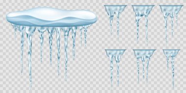 Açık mavi, yarı saydam buz saçakları ve birkaç ekstra buz sarkıtı asılı kar yağışı. Işık arka planında kullanmak için. Sadece vektör biçiminde şeffaflık
