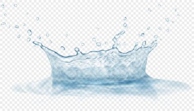 Damlaları ve yansıması olan şeffaf su kaplaması. Gri renklerde, şeffaf arkaplanda izole edilmiş. Sadece vektör dosyasında şeffaflık