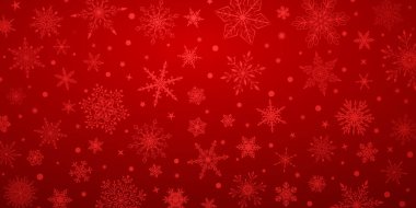 Kırmızı renklerde çeşitli karmaşık büyük ve küçük kar taneleri olan Noel arkaplanı