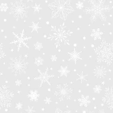 Karmaşık, büyük ve küçük kar taneleri olan, gri arka planda beyaz bir Noel deseni.