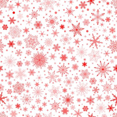 Karmaşık, büyük ve küçük kar taneleri olan, beyaz arka planda kırmızı, kusursuz bir Noel deseni.