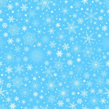 Karmaşık, büyük ve küçük kar taneleri olan kusursuz bir Noel deseni. Mavi arka planda beyaz.