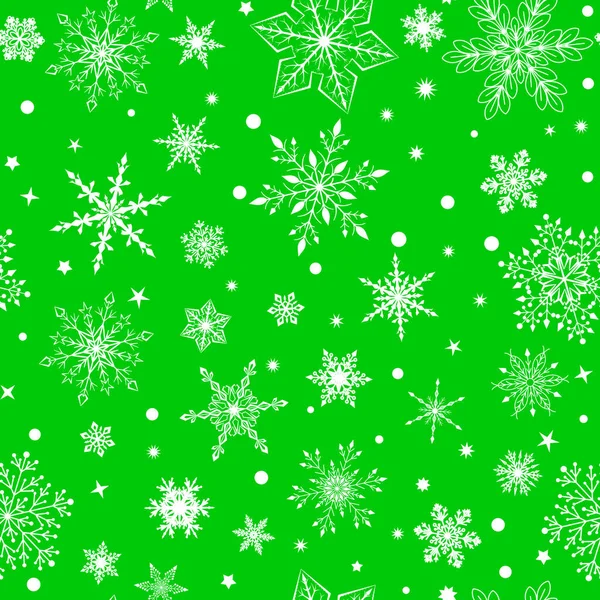 Рождественский Бесшовный Узор Различными Сложными Большими Маленькими Снежинками Белый Зеленом — стоковый вектор