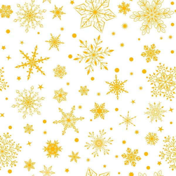 Рождественский Бесшовный Узор Различными Сложными Большими Маленькими Снежинками Желтый Белом — стоковый вектор