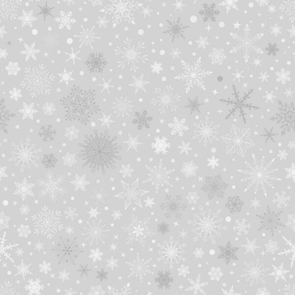 Рождественский бесшовный узор с различными сложными большими и маленькими снежинками, белый на сером фоне
