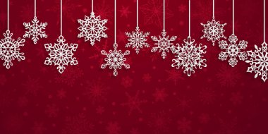 Kırmızı arka planda yumuşak gölgeli kağıt parçaları asılı Noel arkaplanı