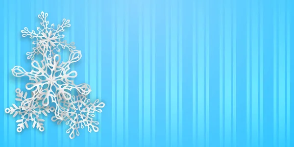 Рождественский Фон Несколькими Бумажными Снежинками Мягкими Тенями Светло Голубом Полосатом — стоковый вектор