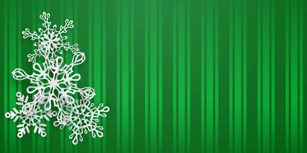 Різдвяний Фон Декількома Паперовими Сніжинками Якими Тінями Зеленому Смугастому Фоні — стоковий вектор