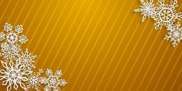 圣诞背景 有几片纸雪花 黄色条纹背景上有柔软的阴影 — 图库矢量图片