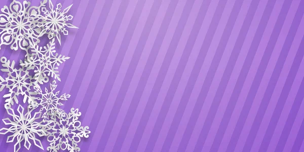 圣诞背景 有几片纸雪花 背景为紫色条纹 阴影柔和 — 图库矢量图片