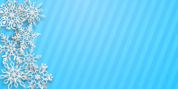 Рождественский Фон Несколькими Бумажными Снежинками Мягкими Тенями Светло Голубом Полосатом — стоковый вектор