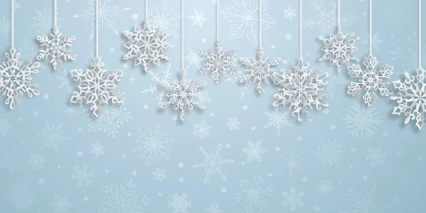 Boże Narodzenie Tło Wiszące Płatki Śniegu Papieru Miękkimi Cieniami Jasnoniebieskim — Wektor stockowy