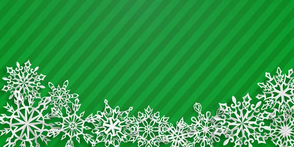 Рождественский Фон Бумажными Снежинками Мягкими Тенями Зеленом Полосатом Фоне — стоковый вектор
