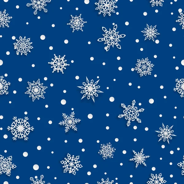 Рождественский Бесшовный Рисунок Бумажных Снежинок Мягкими Тенями Синем Фоне — стоковый вектор
