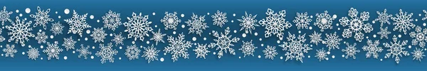 Świąteczny Sztandar Papierowych Płatków Śniegu Miękkimi Cieniami Niebieskim Tle Poziomym — Wektor stockowy