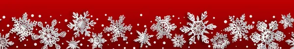 Świąteczny Sztandar Papierowymi Płatkami Śniegu Miękkimi Cieniami Czerwonym Tle Poziomym — Wektor stockowy