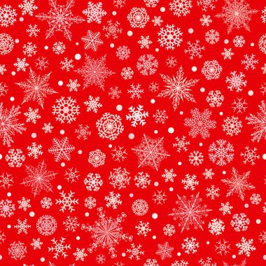 Kırmızı zemin üzerinde beyaz, çeşitli büyük ve küçük kar tanelerinin kusursuz Noel deseni