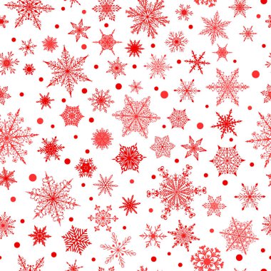 Beyaz arka planda kırmızı renkli, çeşitli büyük ve küçük kar tanelerinin kusursuz Noel deseni