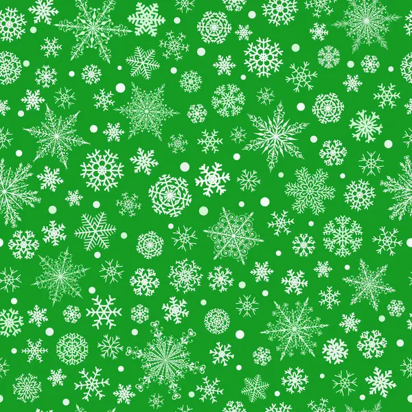 Рождественский Бесшовный Узор Различных Сложных Больших Маленьких Снежинок Белый Зеленом — стоковый вектор