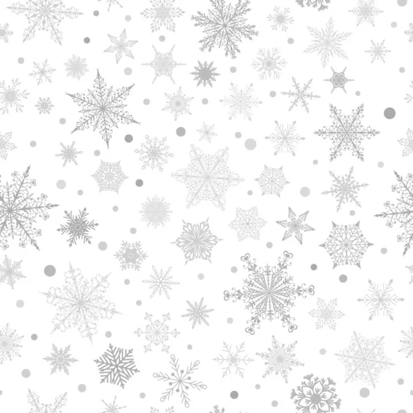 Рождественский Бесшовный Узор Различных Сложных Больших Маленьких Снежинок Серый Белом — стоковый вектор