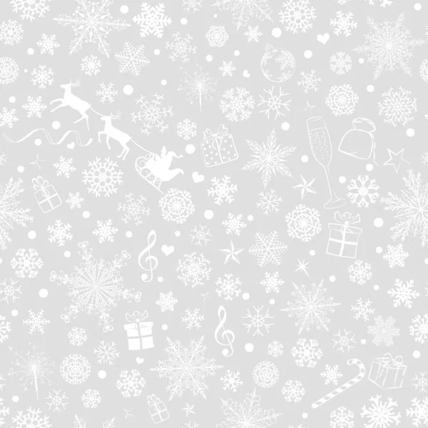 Рождество Бесшовный Узор Различных Снежинки Праздничные Символы Белый Сером Фоне — стоковый вектор
