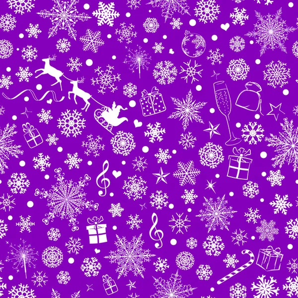 Рождество Бесшовный Узор Различных Снежинки Праздничные Символы Белый Фиолетовом Фоне — стоковый вектор