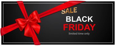 Kara Cuma bayrağı, kırmızı kurdeleli ve koyu arkaplanlı. Posterler, el ilanları veya kartlar için vektör illüstrasyonu.