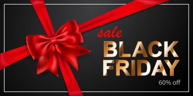 Kara Cuma bayrağı, kırmızı kurdeleli ve koyu arkaplanlı. Posterler, el ilanları veya kartlar için vektör illüstrasyonu.