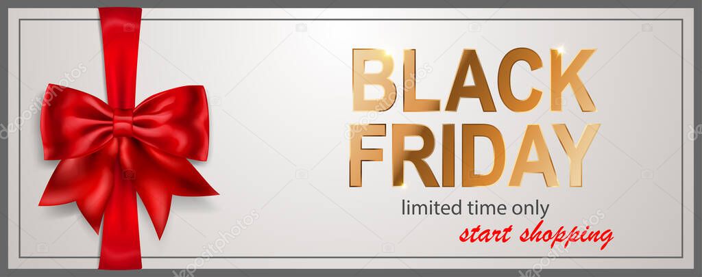 Black Friday sale banner with red bow and ribbons on white background. Vector illustration for posters, flyers or cards.