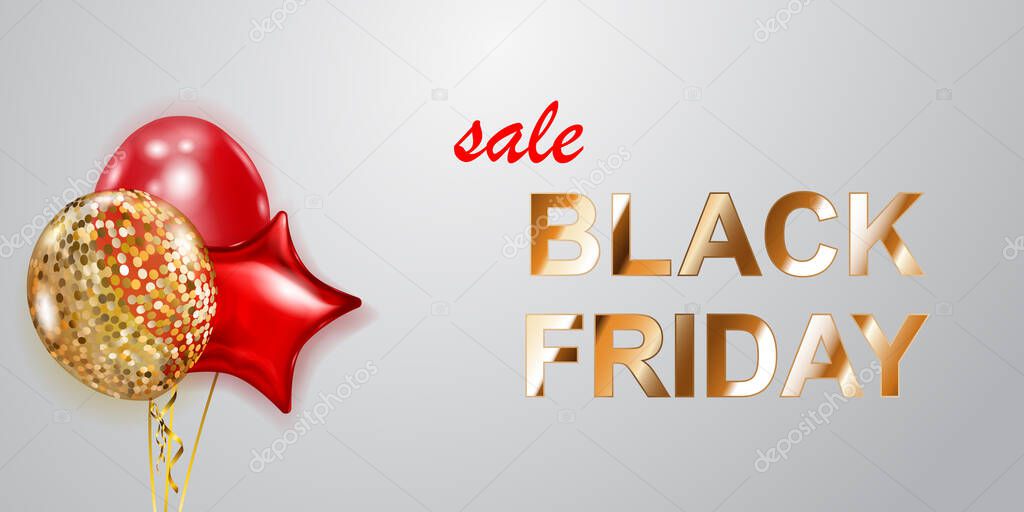 Black Friday sale banner with red and golden balloons on white background. Vector illustration for posters, flyers or cards.