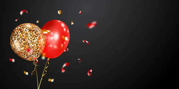 Festlicher Hintergrund Mit Goldenen Und Roten Luftballons Und Glänzenden Serpentinenstücken — Stockvektor