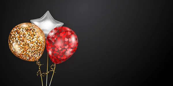 Fondo Festivo Con Globos Aéreos Dorados Rojos Plateados Piezas Brillantes — Archivo Imágenes Vectoriales